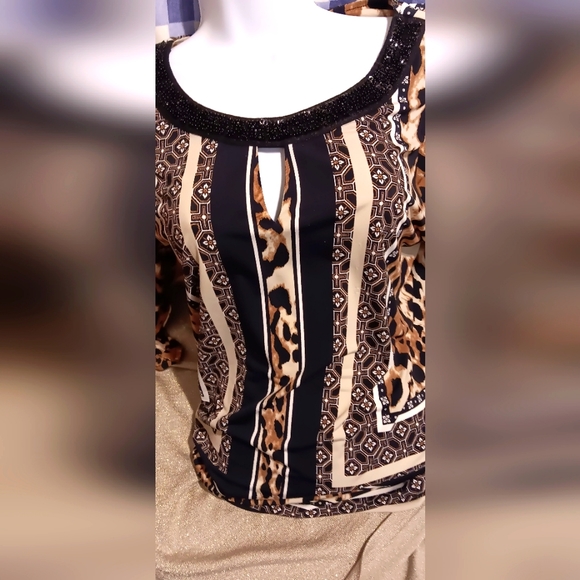 ALFANI Animal Print Peep Hole Jeweled Tunic Top 3/4 Bell Sleeves Large - Picture 1 of 8